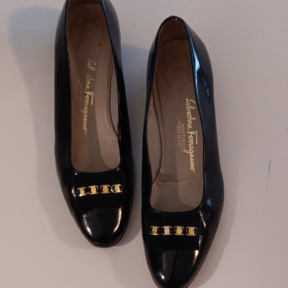 Salvatore Ferragamo Black Patent Leather Flats with Gold Accents